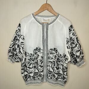 Chico's Floral Embroidered Linen Jacket Zip Up Short Sleeve